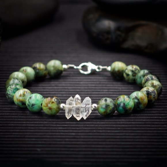African Turquoise and Herkimer Diamond Bracelet  - Handmade to Order - Picture 1 of 2